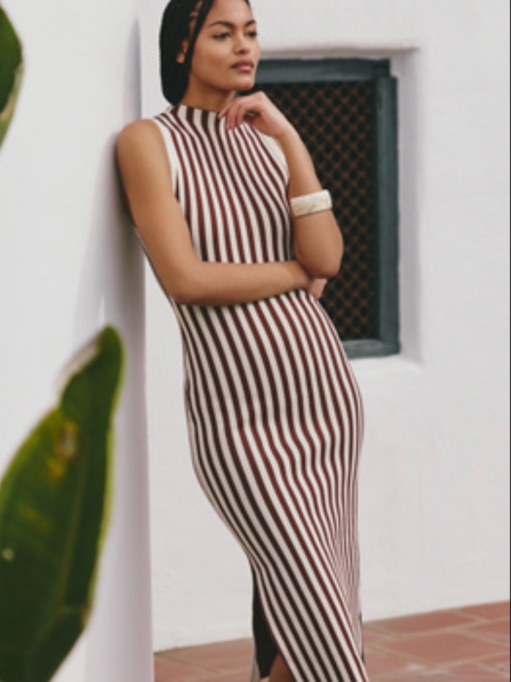 Anthropologie Sleeveless Vertical Stripe Midi Dress in Brown and Cream